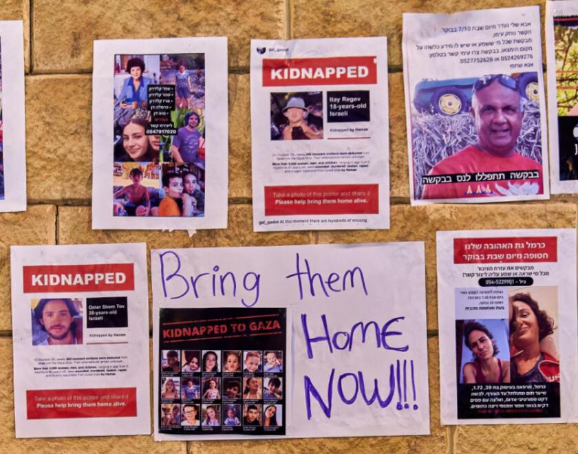 Posters of Israeli citizens kidnapped by Hamas